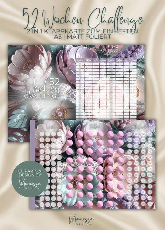 52 Wochen "PASTEL LEO BLOOMS" | 2 in 1 Klappkarte zum einheften | matt foliert | A5