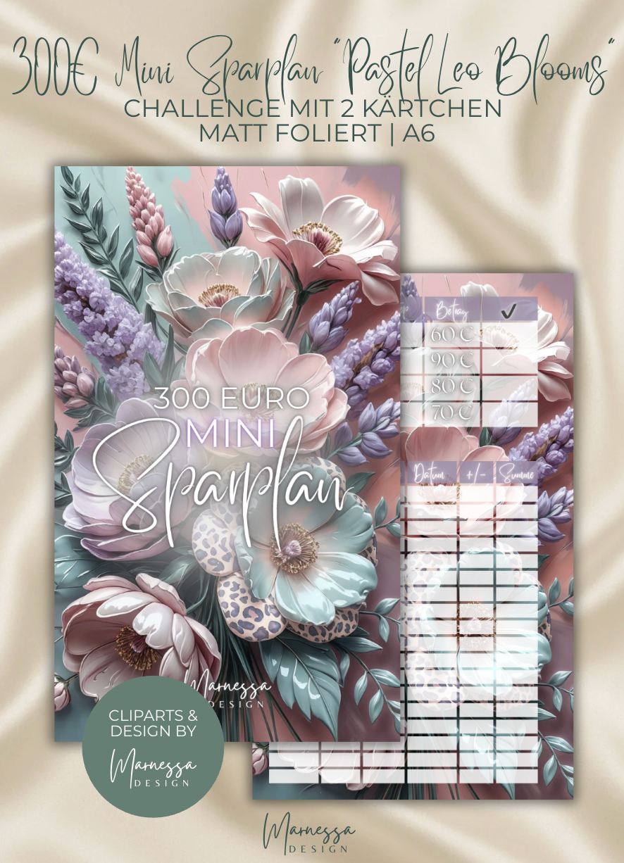 300 € Mini Sparplan | PASTEL LEO BLOOMS  | Sparchallenge zum einheften | matt foliert | A6