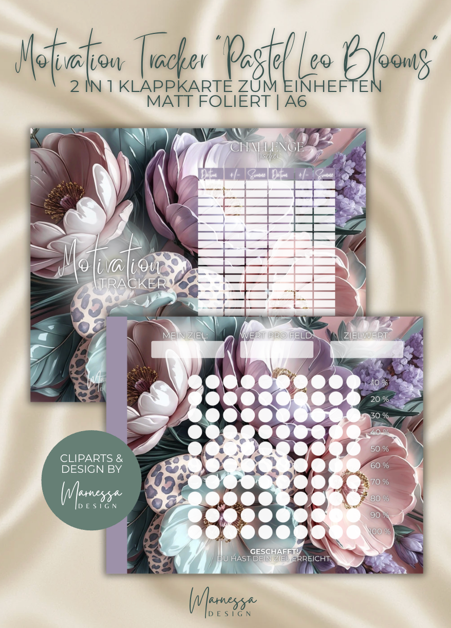 A6 | MOTIVATION TRACKER "PASTEL LEO BLOOMS" | 2 in 1 Klappkarte zum einheften | matt foliert