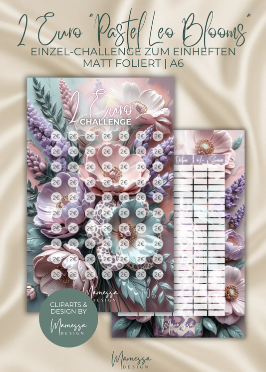 2 Euro Challenge "PASTEL LEO BLOOMS" | Einzel-Challenge zum einheften | matt foliert | A6