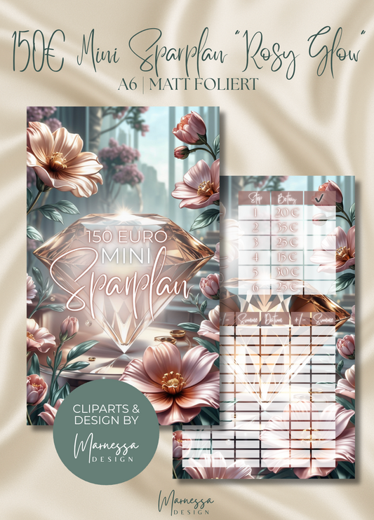 150 € Mini Sparplan A6 | ROSY GLOW  | Sparchallenge zum einheften | matt foliert | A6