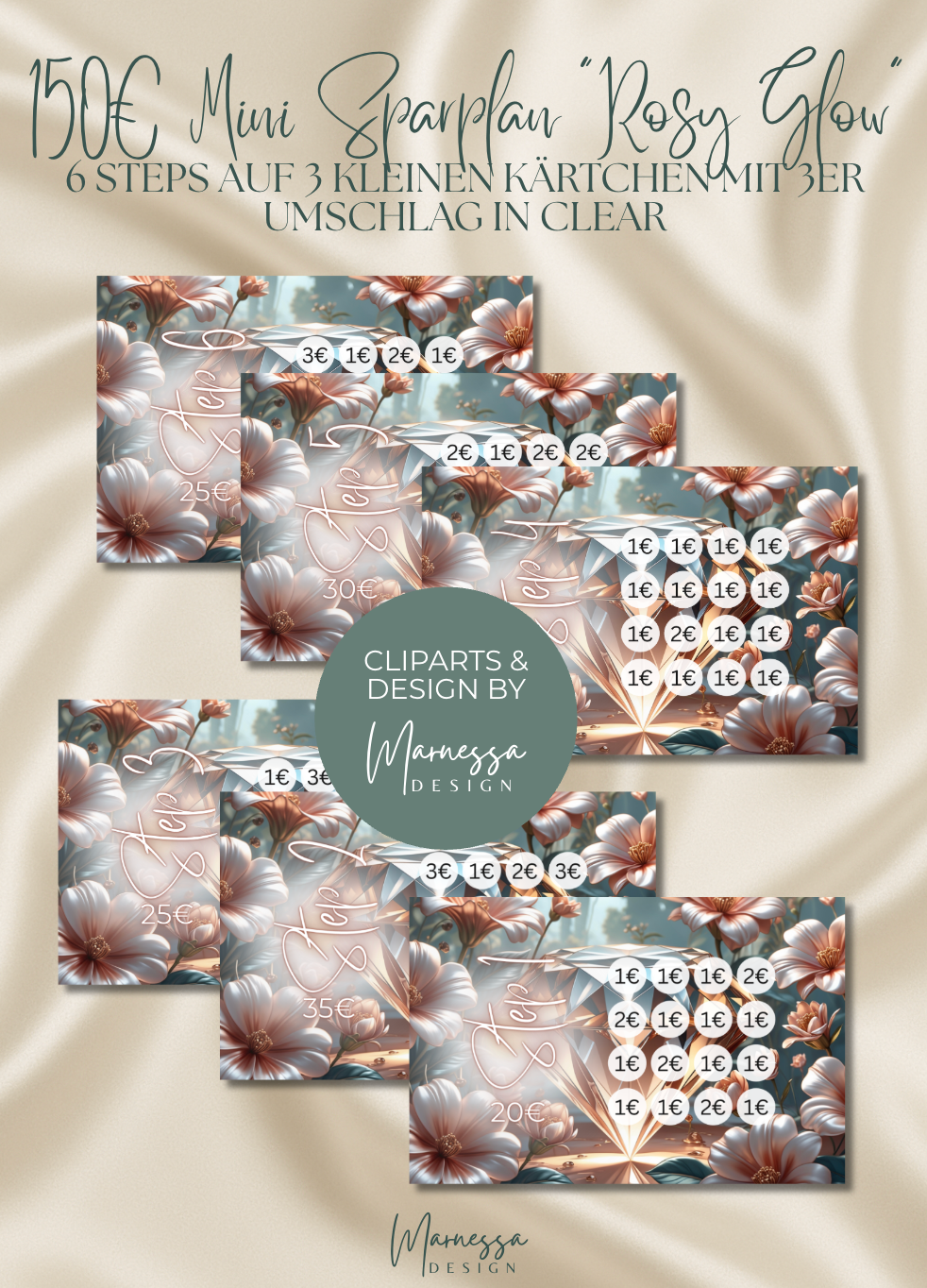 150 € Mini Sparplan A6 | ROSY GLOW  | Sparchallenge zum einheften | matt foliert | A6