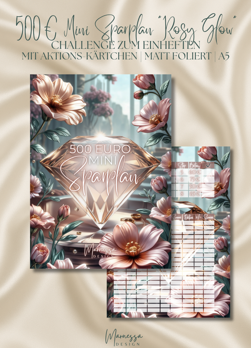 500 € Mini Sparplan A5 | ROSY GLOW  | Sparchallenge zum einheften | matt foliert | A5