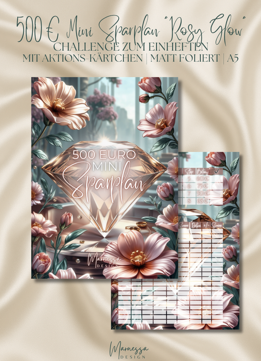 500 € Mini Sparplan A5 | ROSY GLOW  | Sparchallenge zum einheften | matt foliert | A5