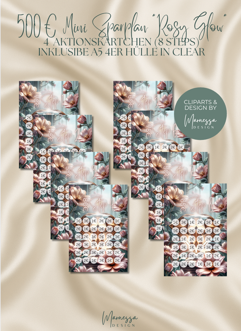 500 € Mini Sparplan A5 | ROSY GLOW  | Sparchallenge zum einheften | matt foliert | A5