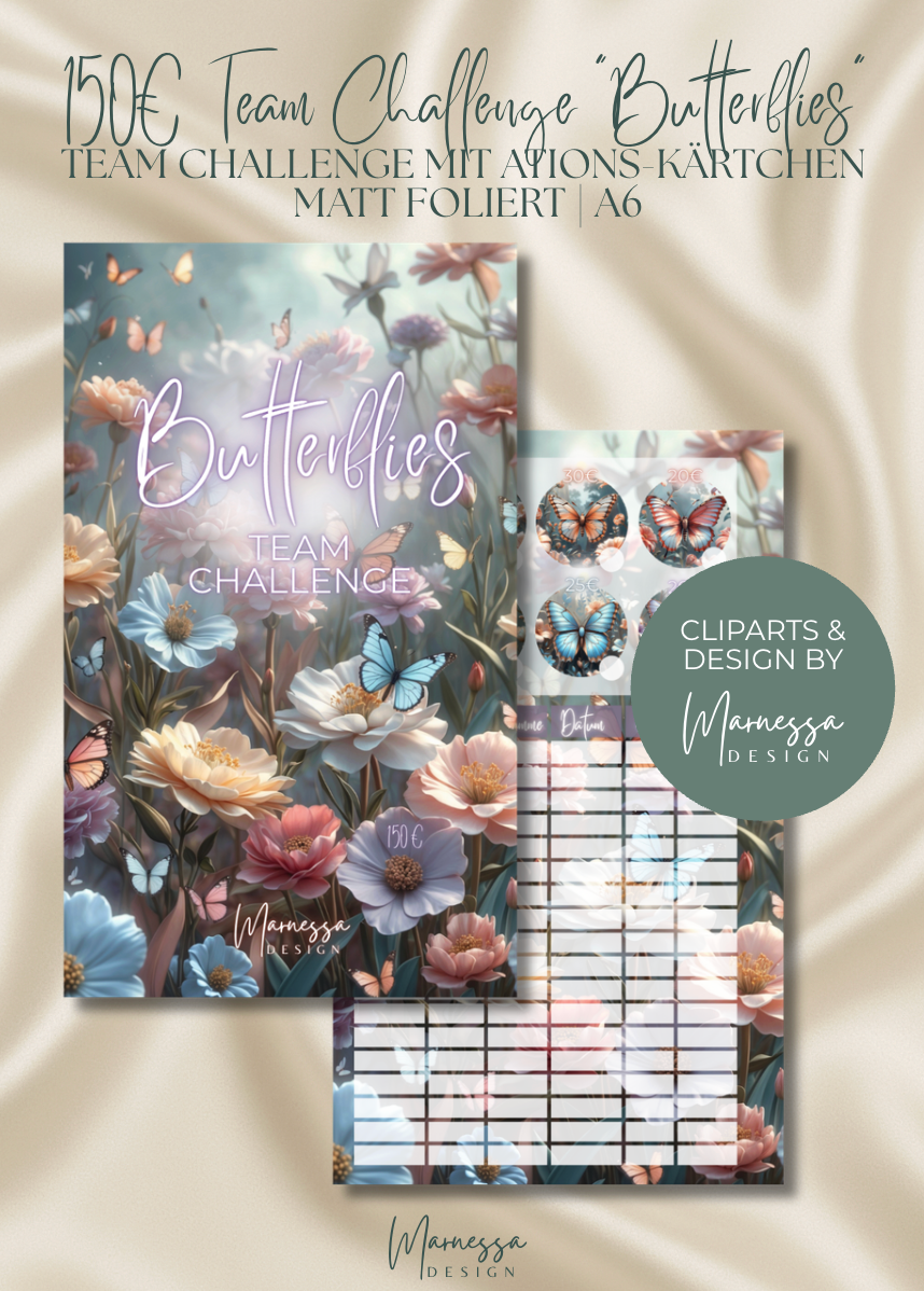 150€ MIni Sparplan | BUTTERFLIES TEAM CHALLENGE | Sparchallenge zum einheften | matt foliert | A6