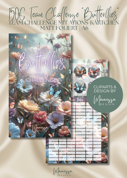 150€ MIni Sparplan | BUTTERFLIES TEAM CHALLENGE | Sparchallenge zum einheften | matt foliert | A6