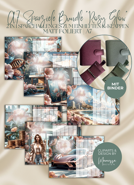 SPARZIELE BUNDLE "Rosy Glow" | mit Binder | 2 in 1 Klappkarten zum einheften | matt foliert | A7