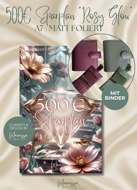 500 € Mini Sparplan Bundle mit Binder | Einlagen "ROSY GLOW" | matt foliert | A7