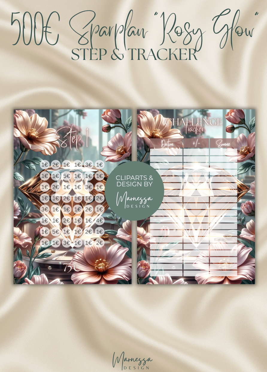 500 € Mini Sparplan Bundle mit Binder | Einlagen "ROSY GLOW" | matt foliert | A7