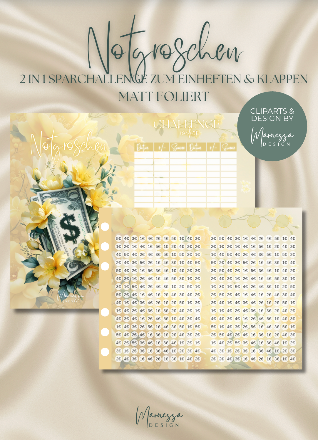 NOTGROSCHEN SPARZIEL 1000 € | 2 in 1 Klappkarte zum einheften | matt foliert